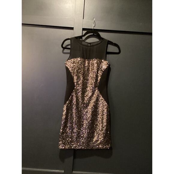 Aidan Mattox Illusion Sequined Sheath Mini Dress Sleeveless Black Gold US 0 - Picture 2 of 10